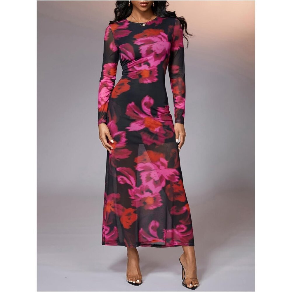 Women's Pink Floral Mesh Maxi Dress Elegant Long Sleeve Spring Cocktail - Picture 5 of 5